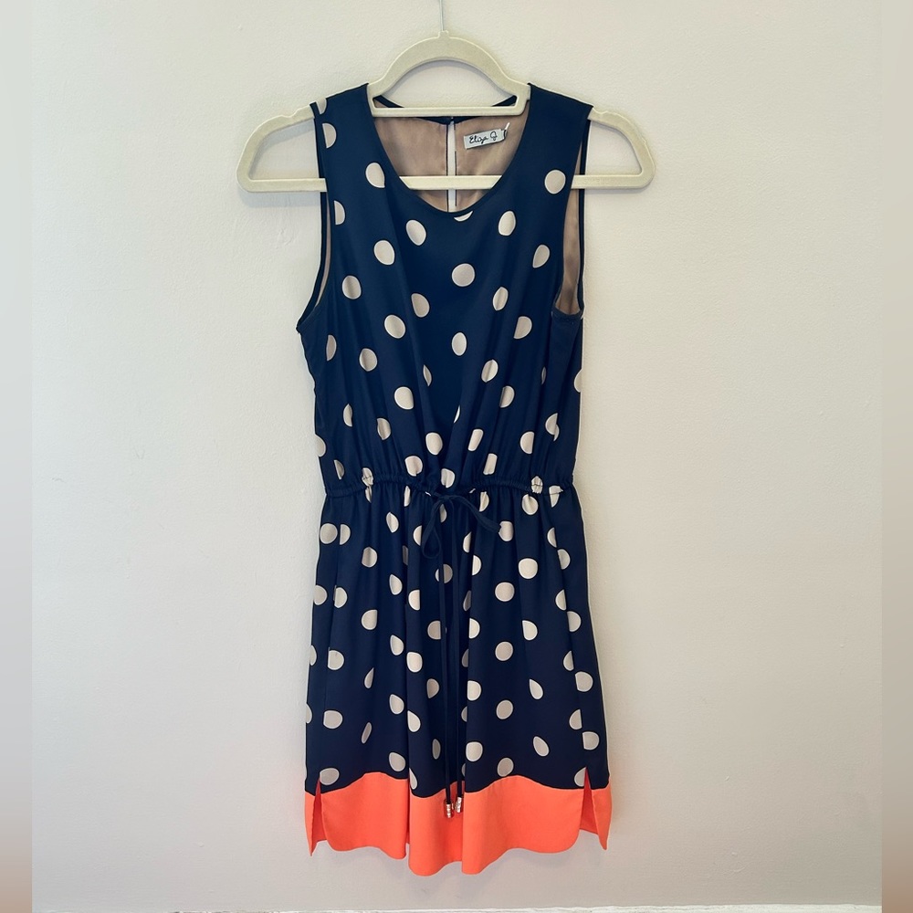 Eliza J Navy w/ Beige Polka Dots and Bright Coral Trim Size 6P